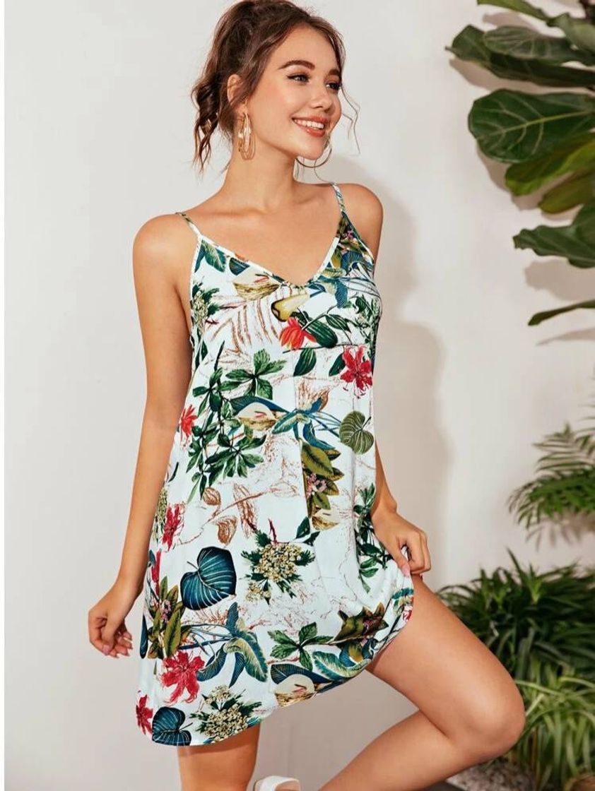 Fashion Vestido Slip Con Estampado Tropical

