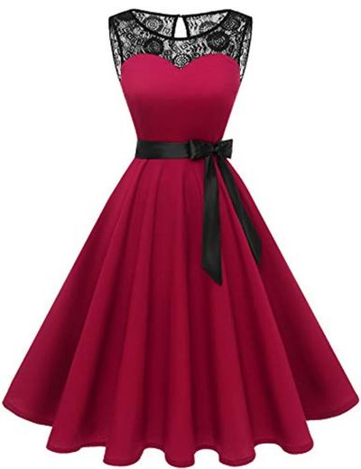 Bbonlinedress Vestido Mujer Corto Fiesta Boda Encaje Sin Mangas Dark Red XS