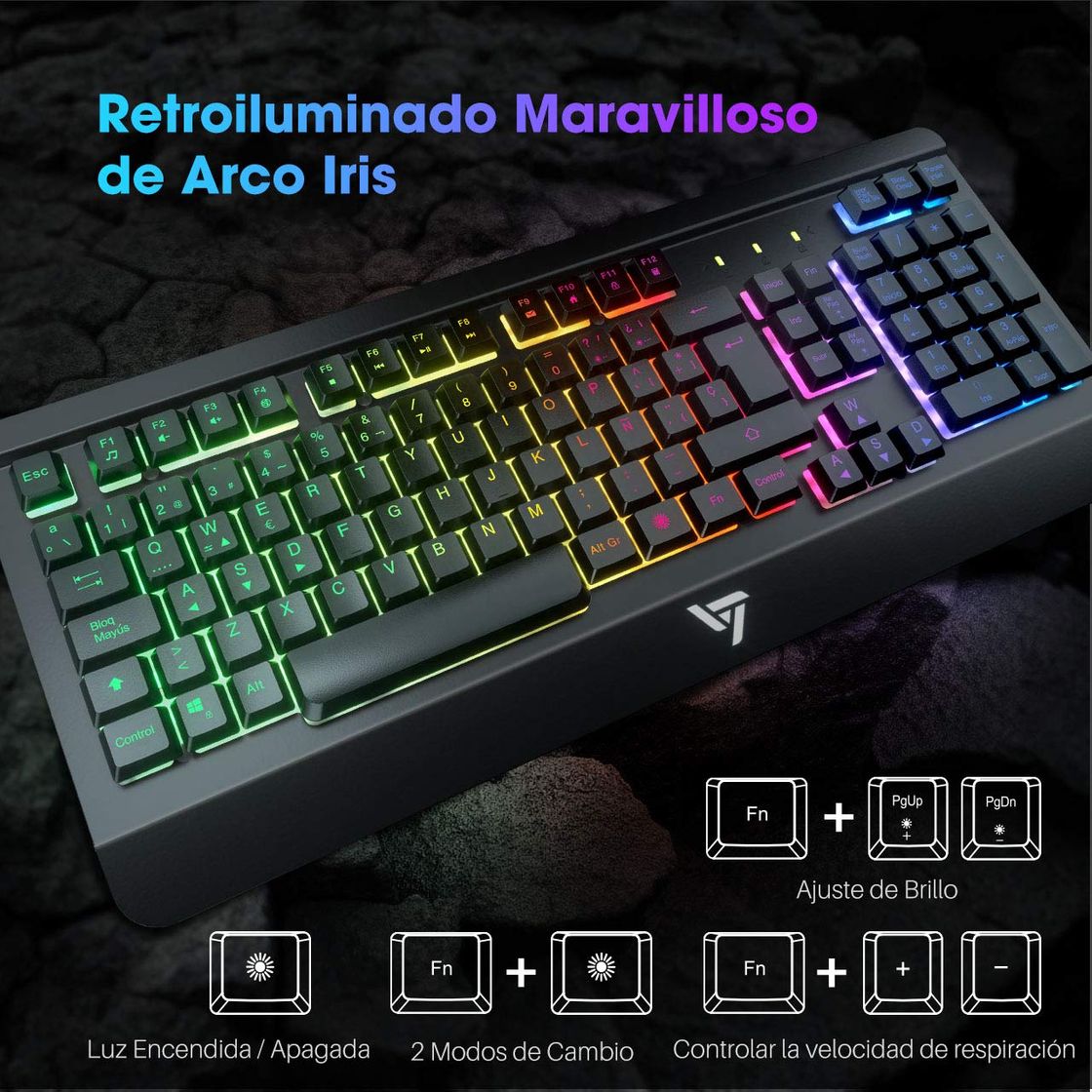 Electrónica VicTsing Teclado Gaming Español USB, LED Rainbow Retroiluminación y Panel Completamente Metálico,