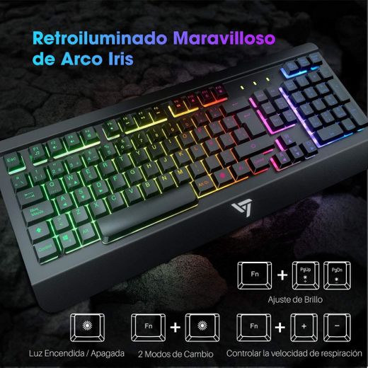 VicTsing Teclado Gaming Español USB, LED Rainbow Retroiluminación y Panel Completamente Metálico,
