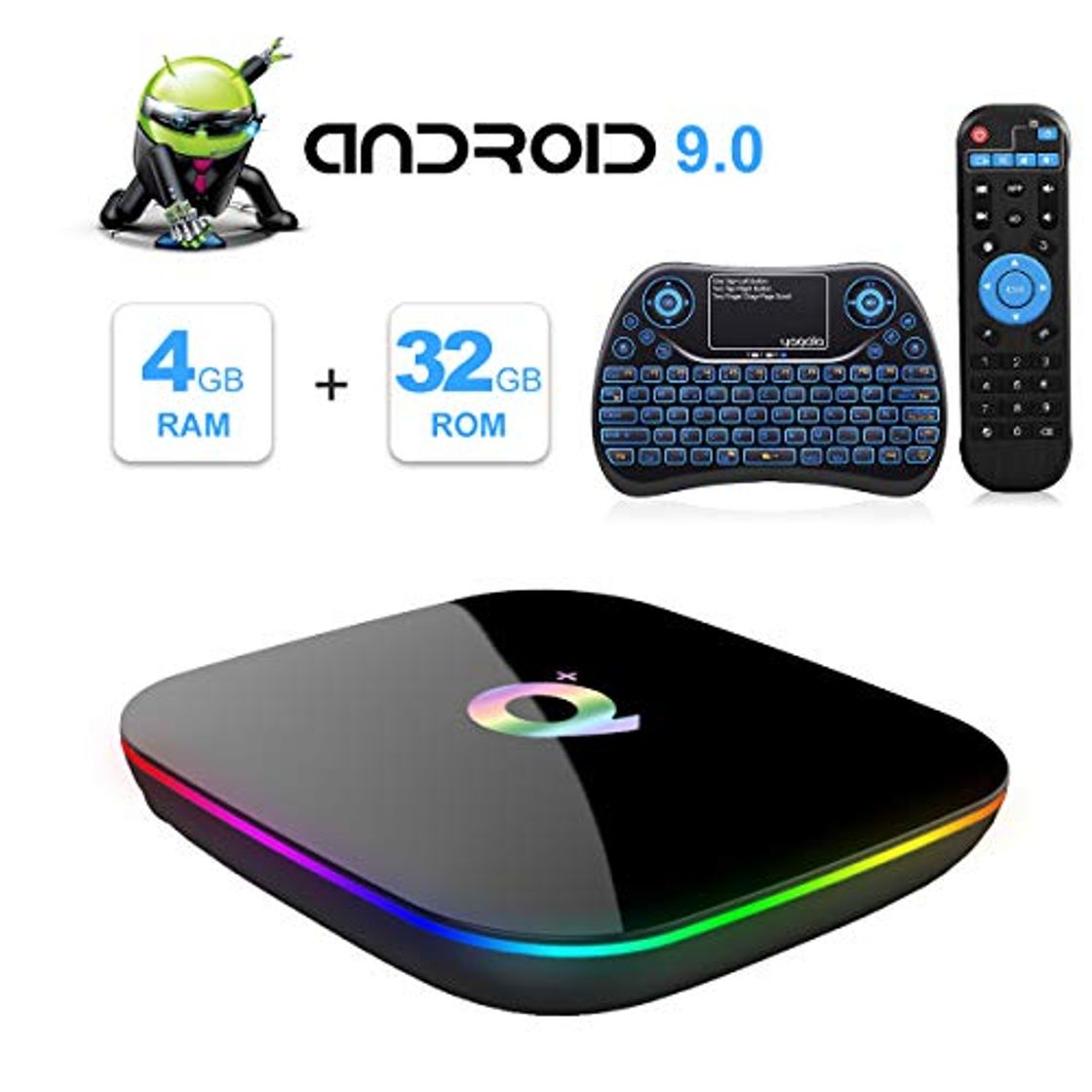 Q Plus Android 9.0 TV Box con Mini Teclado inalámbrico retroiluminado