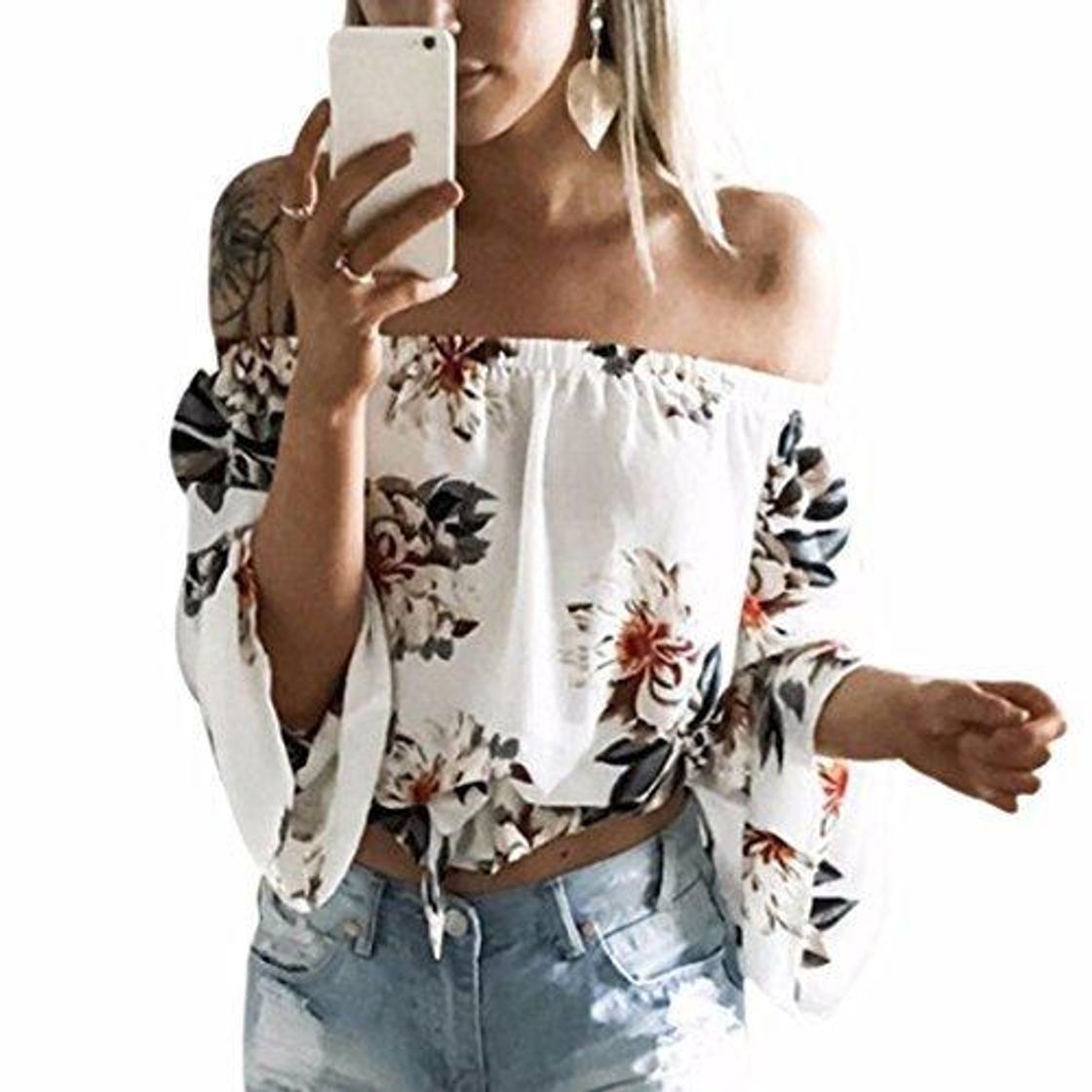 Social QIYUN.Z Cuello De La Manera De Las Mujeres Cuello Floral Impreso Blanco Cuerno Manga Sin Tirantes Culo Tops