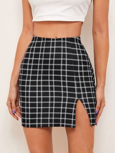 Split Hem Plaid Skirt