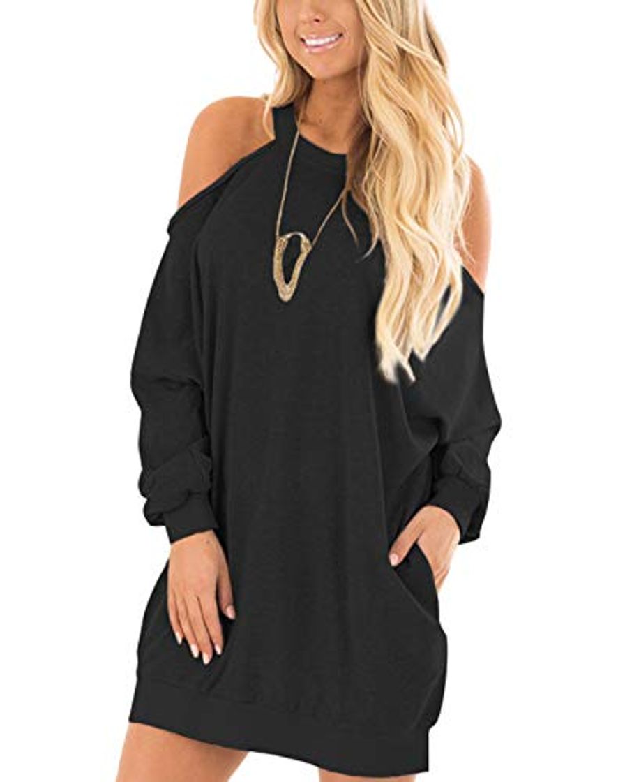 Social YOINS Vestido Mujeres Hombro Frío Elegante Moda Camisetas Manga Larga Cuello Redondo Túnica Tops Color Sólido Suéter Negro XXL