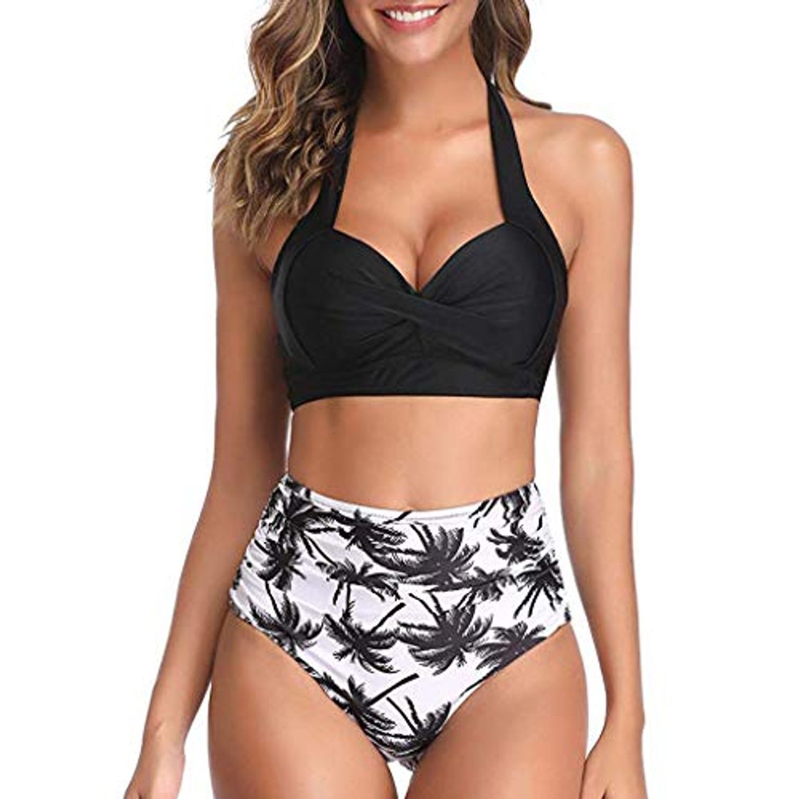 Products LANSKIRT Traje de Baño Mujer Bañador de Bikini con Estampado de Cintura Alta y Cordones Cruzados Fruncido para Dama Trikini Biquini Sexy