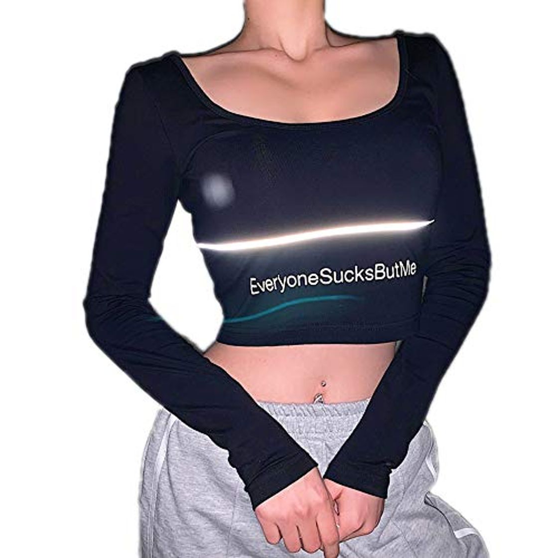 Producto Hip Hop Street Dance Croped Tops para Mujer Camiseta Corta Estampada Reflectante Personalizada Tops con Cuello en U