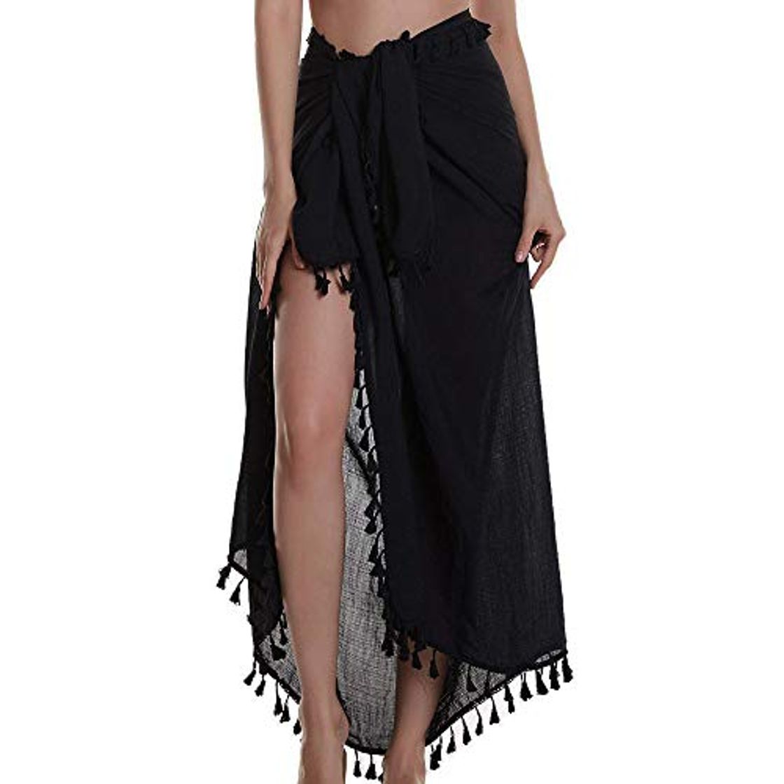 Moda Puimentiua Traje de Baño de Playa para Mujer Bikini Bañador de Gasa Pareo Bufanda Cover Ups Semi Transparente Falda Corta con Borlas