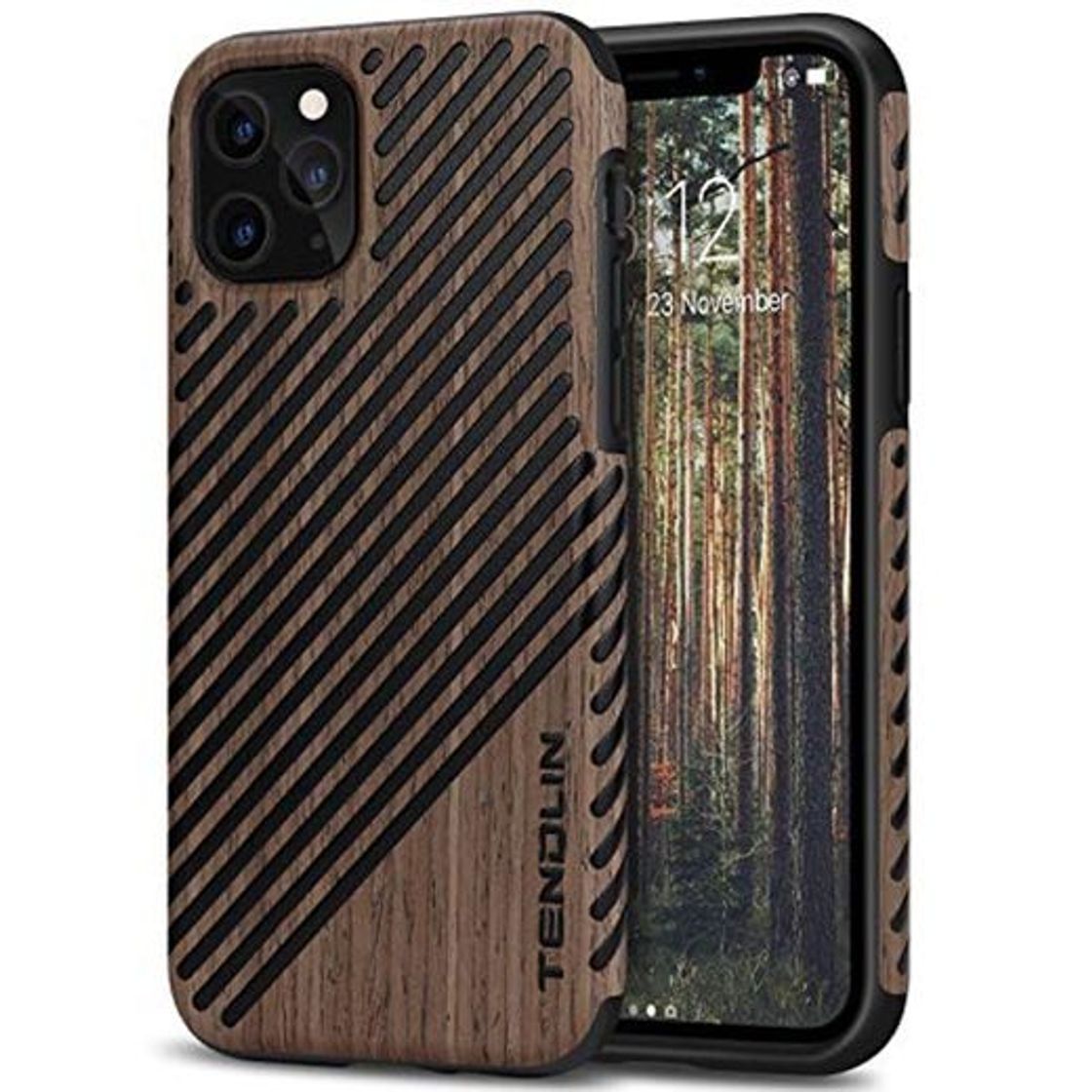 Productos TENDLIN Funda iPhone 11 Pro Madera y Cuero Híbrido Carcasa Compatible con