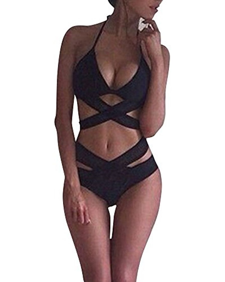 Quge Traje de Baño Mujer Conjunto de Bikini Tiras Cruzadas Calado Bañador de Playa Negro L