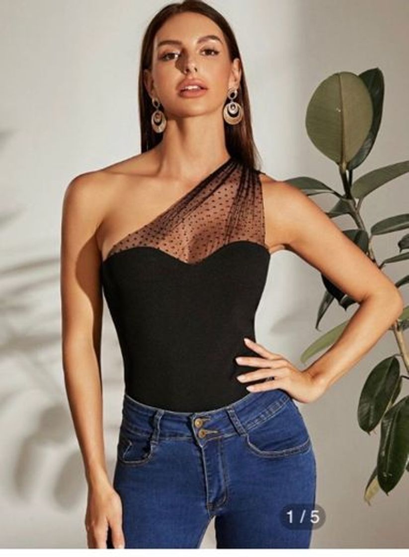 Social One Shoulder Dot Flocked Mesh Yoke Top