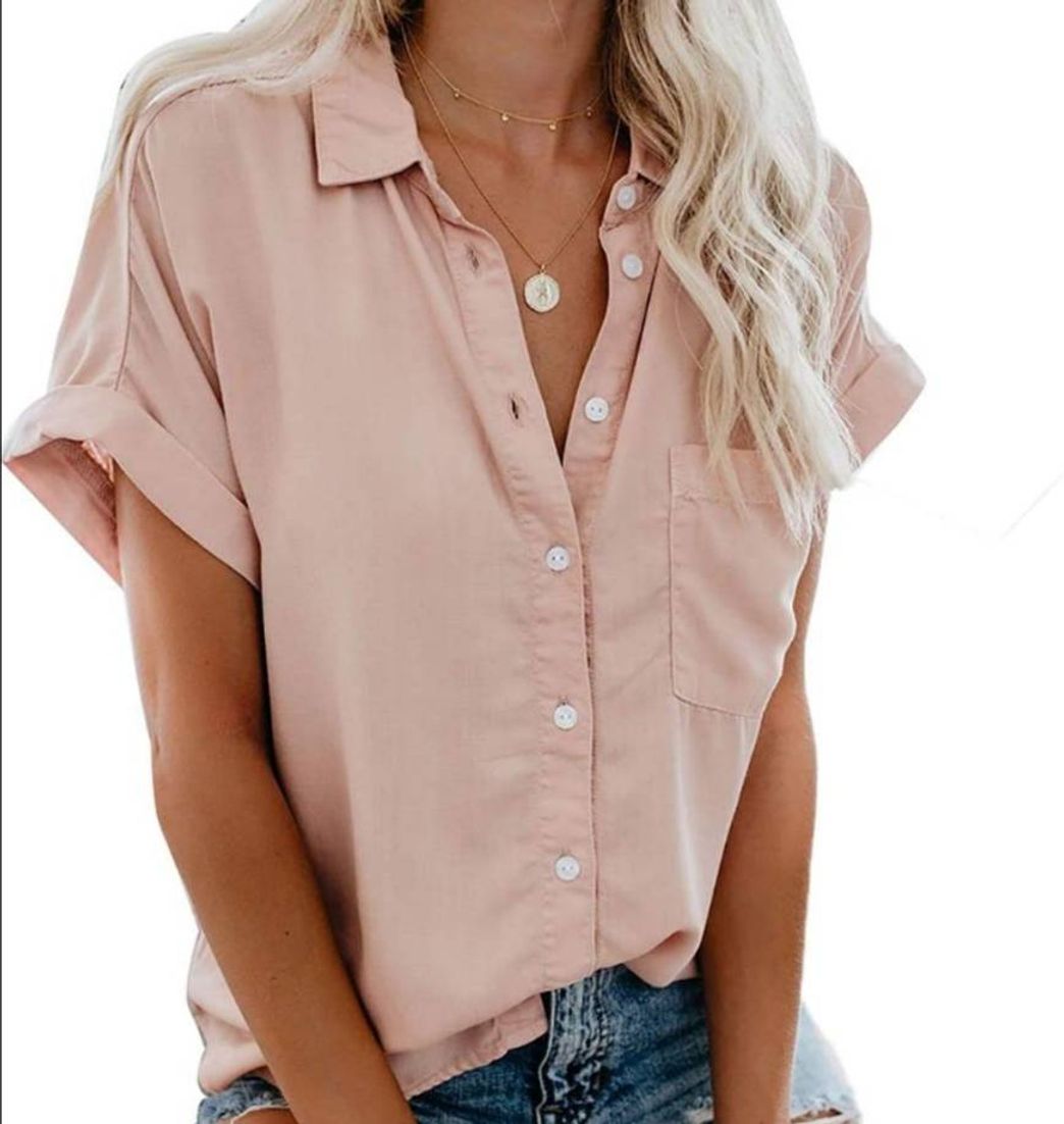 Moda Women's Professional Casual Loose Short Sleeve Blouse Button