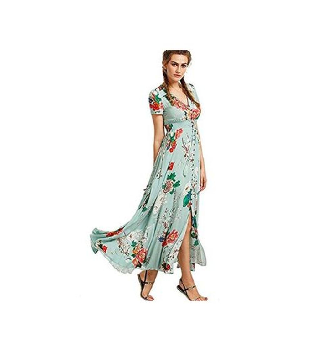 Social Vestido Largo Floral Maxi de Verano Manga Corta para Mujer Sexy Cuello En V Floral Impreso Vintage Estilo Etnico de Alta Split Beach