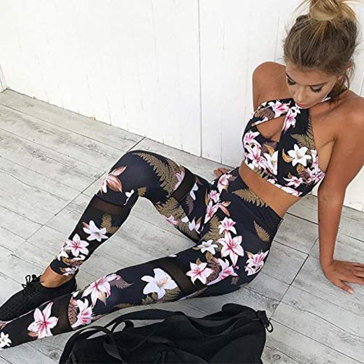 FashionWallA Women 2 Piece Yoga Set Gym Fitness Clothes Floral Print Bra