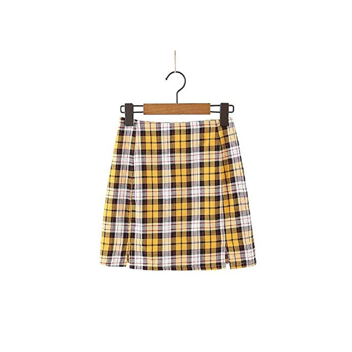 Producto NOBRAND Alta Cintura a cuadros Cremallera Envoltura de cadera Falda académica de una línea pequeña Split mitad falda femenina Amarillo amarillo 44