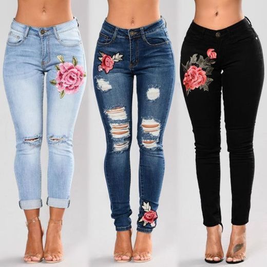2020 Vintage Slim Flower Bordado Jeans para Mujer Skinny Denim Blares Pantalones