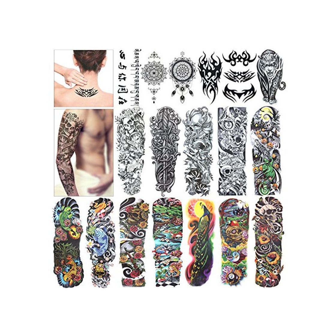Social Full Brazo tatuajes temporales, Konsait Grande Tatuaje Temporales Mangas negro tatuaje cuerpo
