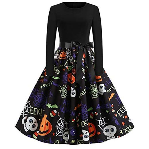 Mxjeeio Vestido de cóctel Fiesta Verano Otoño Invierno años 50 Vintage Rockabilly sin Mangas Pin up Nueva Calabaza Halloween impresión del Redondo Partido Hepburn Arco Cremallera Cuello para Mujer