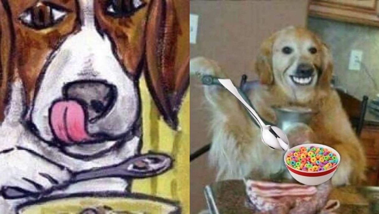 Fashion Perro comiendo cereal con cuchara