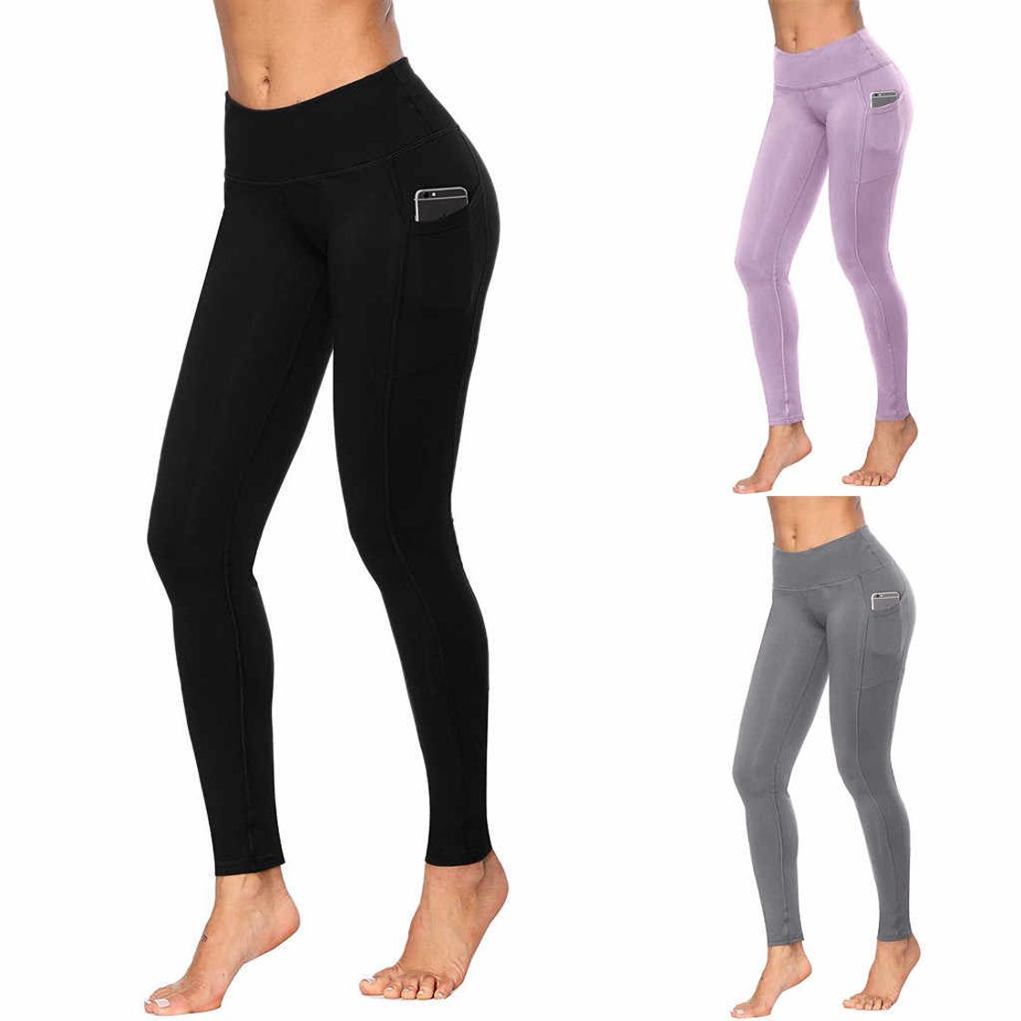 Moda Pantalones de mujer Ejercicio de entrenamiento Control del vientre Cintura alta Fitness con bolsillos