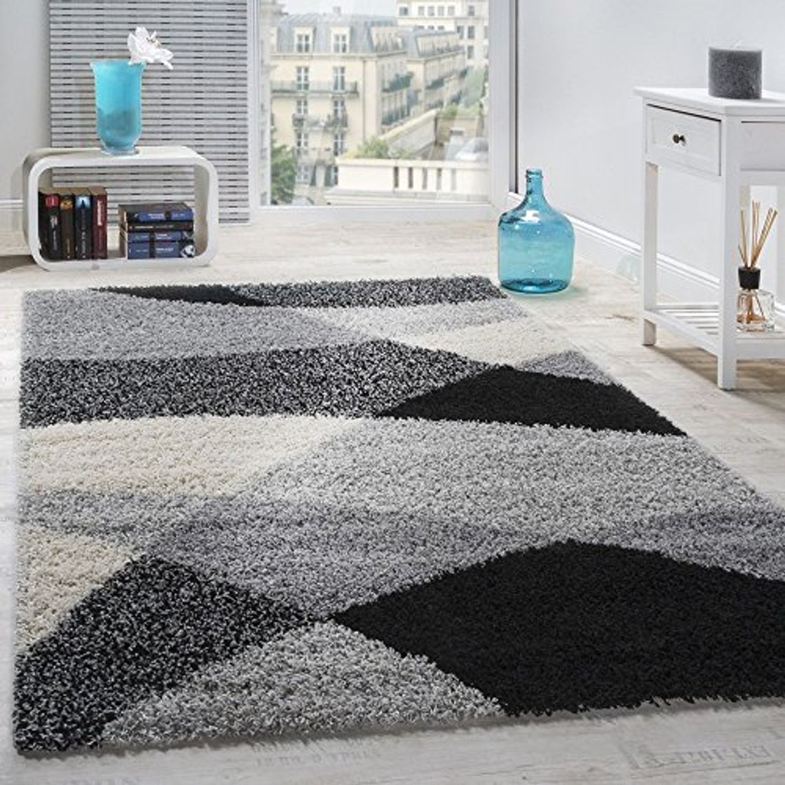 Social Alfombra Shaggy Pelo Alto Pelo Largo Estampada En Gris Negro Blanco, tamaño