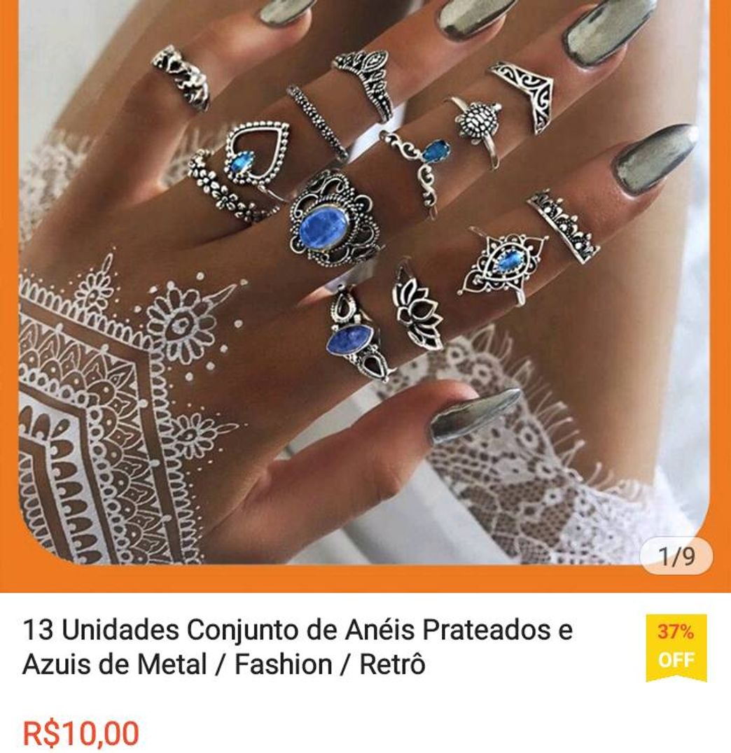 Moda 13 Unidades Conjunto de Anéis Prateados e Azuis de Metal 