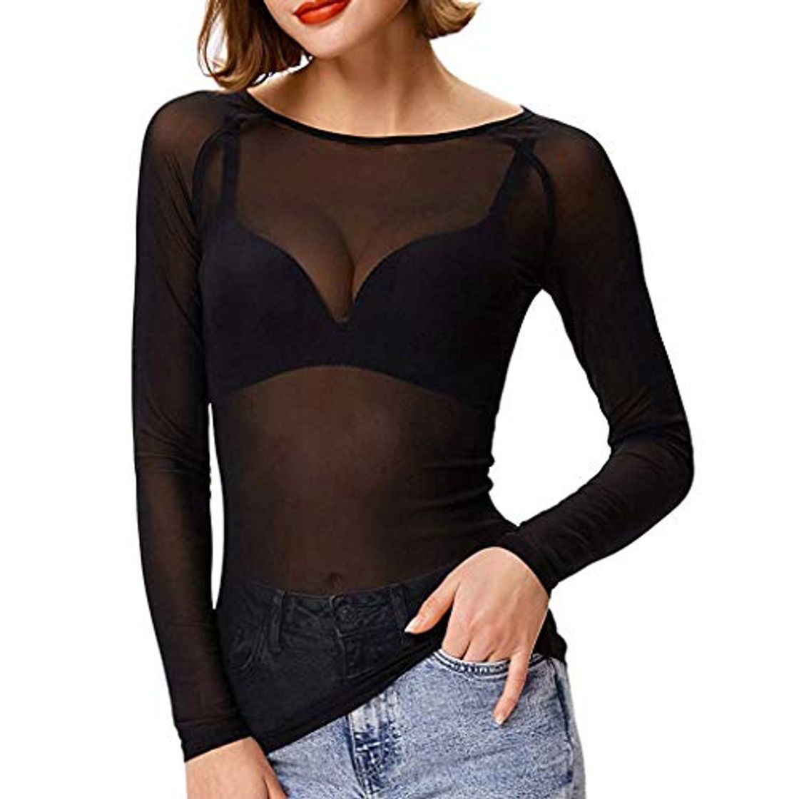 Producto beautyjourney Blusa de Malla de Mujer Transparente Camisetas de Manga Larga con Cuello Redondo Camisa básica sin Costuras en Color Liso