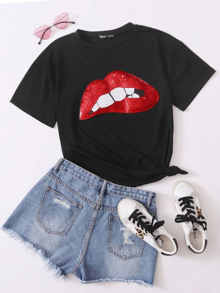 Fashion Camiseta con boca de lentejuelas