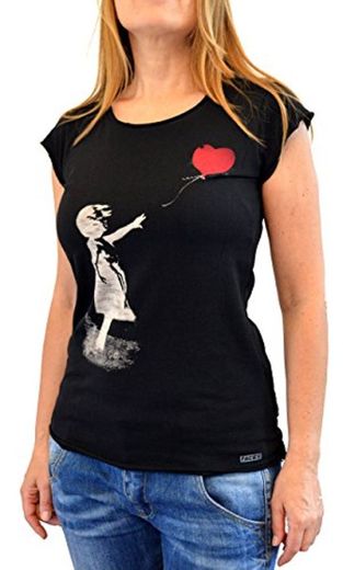 Banksy Balloon Girl Faces T-Shirt Mujer Made IN Italy Impresión del Manual