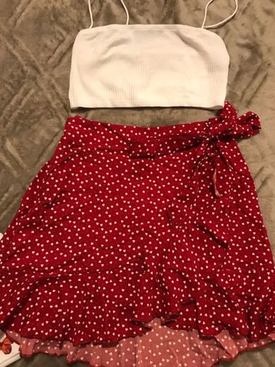 Crop Cami Top & Heart Print Ruffle Trim Wrap Tie Side Skirt Set ...