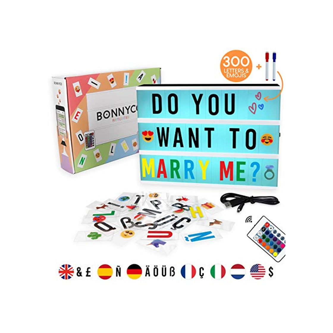 Social Caja de Luz A4 de Colores con 165 Letras y Emojis, Mando