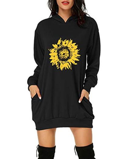 Auxo Mujer Sudadera con Capucha Flores Estampado Sudadera Vestido Jersey Larga Casual