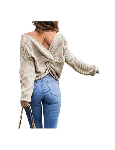 EMMA Suéter de cuello V de las mujeres Suéteres de espalda flojos