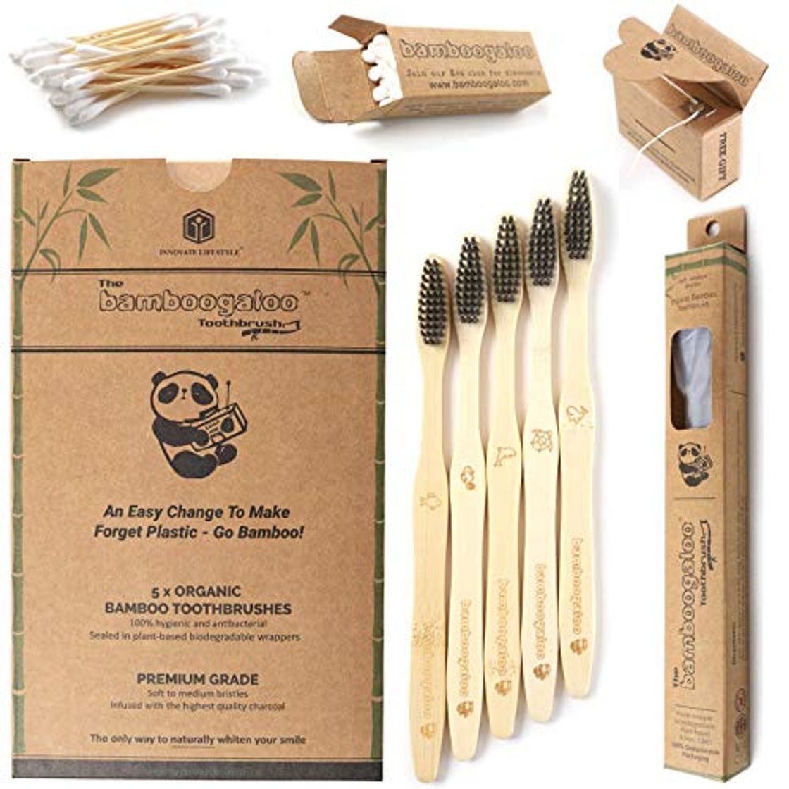 Social BAMBOOGALOO Cepillo Dientes Carbón Bambú Orgánico x5 -Cepillos de Dientes de Bambú