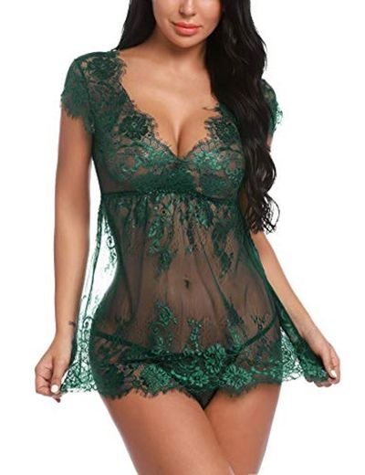 Sykooria Conjunto de lencería de Encaje Sexy Babydoll Nightwear Chemise Deep V-