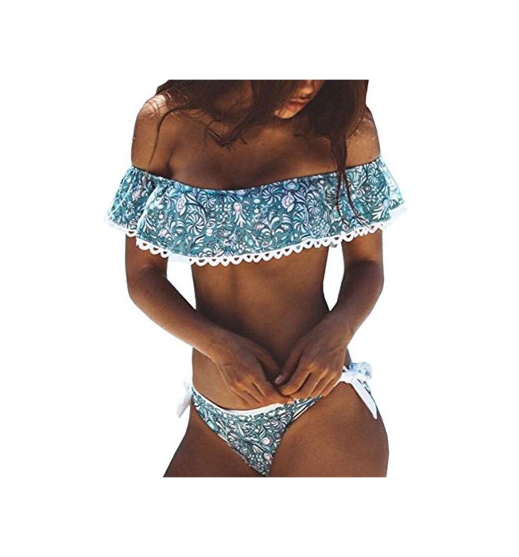 Social DELEY Mujeres Niñas Adolescente Hoja Lotus Floral Estampado Bandeau Bikini Push Up Traje De Baño Ropa De Playa Swimsuit Swimwear Tamaño M