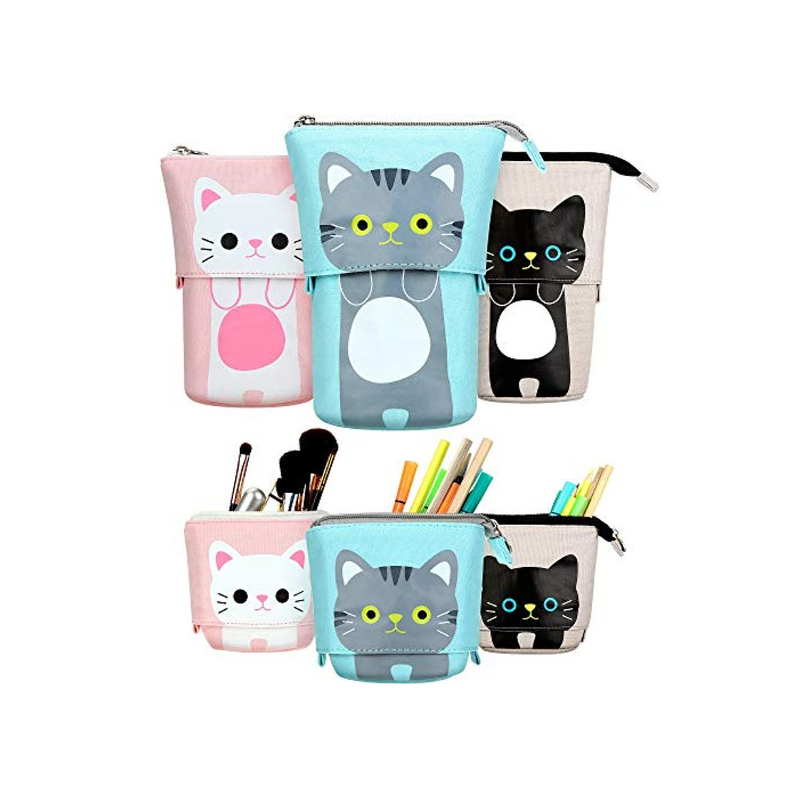 Fashion 3 Piezas de Estuche Escolar con Dibujo de Lindo Gato Retráctil Portalápices de Transformador de Lona PU Bolsa de Cosméticos Maquillaje Bolsa de Papelería con Cremallera para Alumnos Chicos Chicas