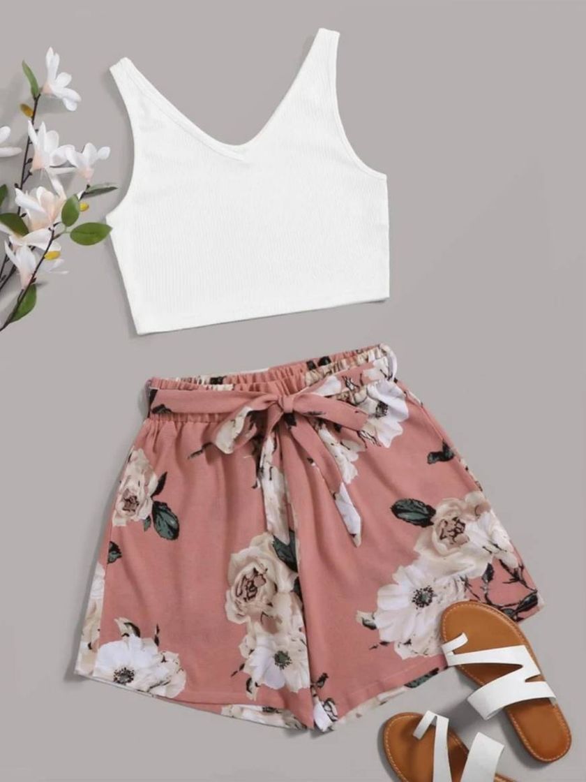 Fashion Ribbed Tank Top & Floral Print Belted Shorts