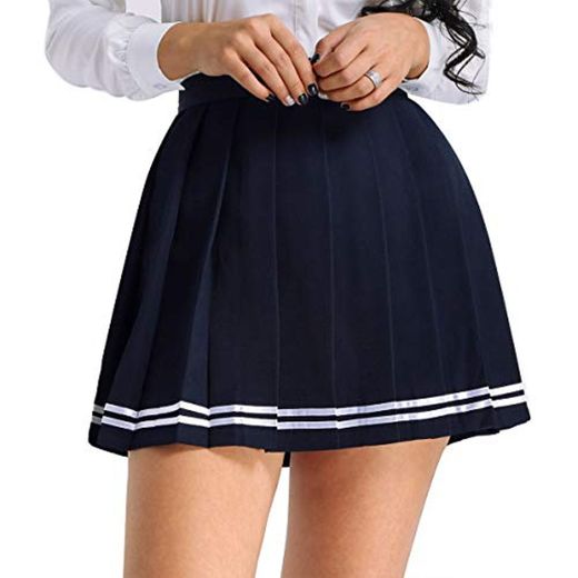 IEFIEL Falda Plisada Mujer Mini Falda Escolar Falda Corta Colegiala Uniforme Falda Escocesa Cintura Alta Elática para Chicas Azul Rayas M