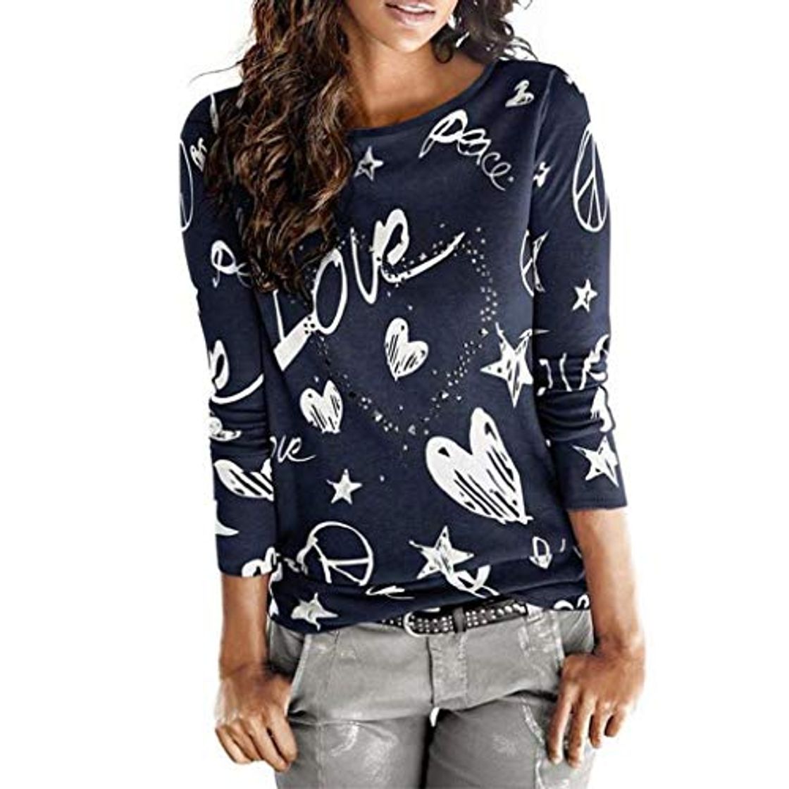 Fashion SHOBDW Mujeres Camiseta de Manga Larga con Cuello Redondo y Camisa Impresa