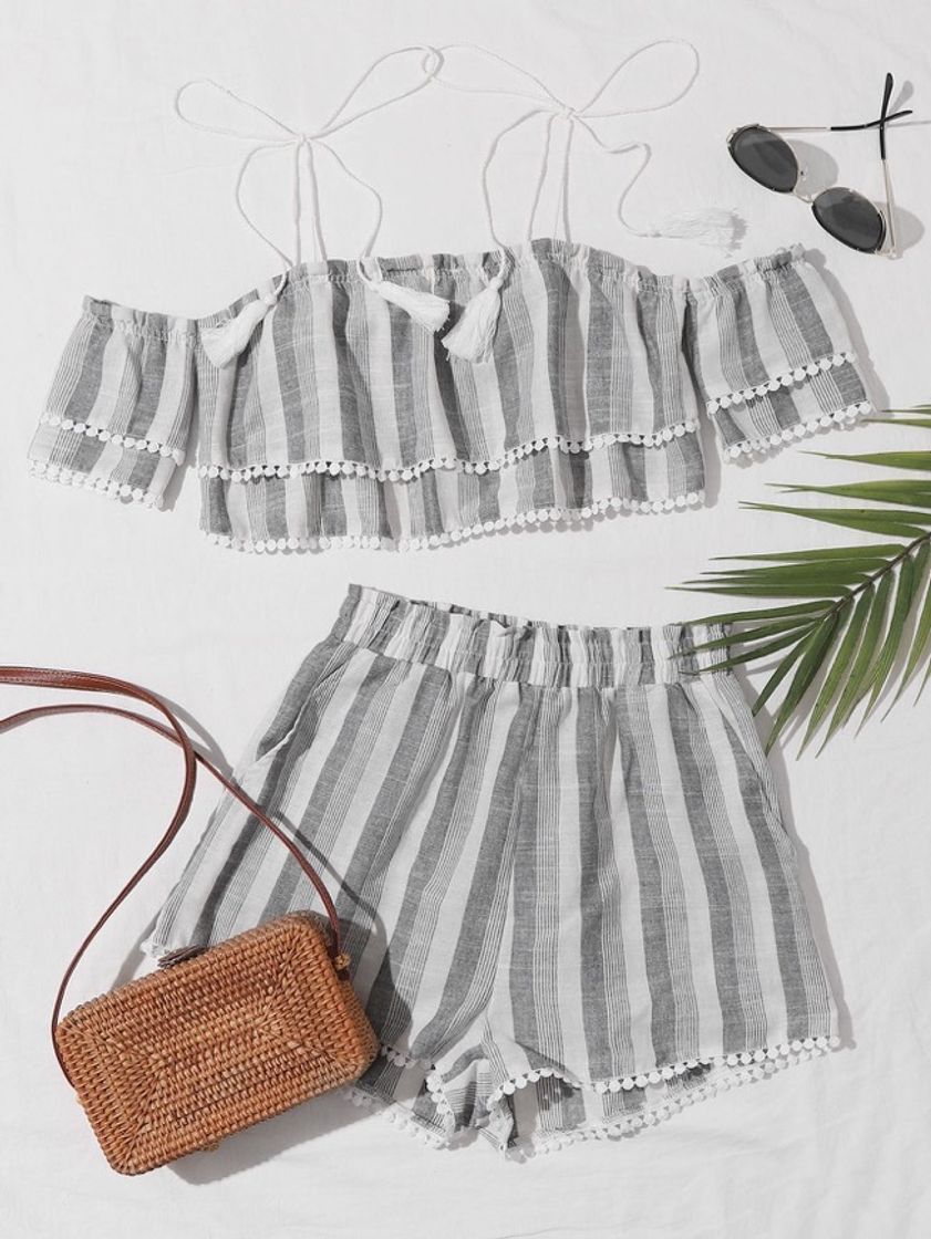 Fashion Lace Trim- Striped Straps Top & short set 