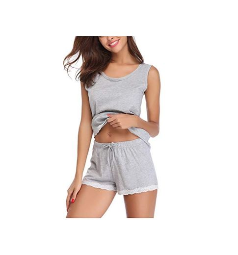 Aibrou Pijamas para Mujer Verano Corto Ropa de Domir de Algodon Manga Corta Camisetas sin Mangas y Pantalones Cortos Dos Piezas