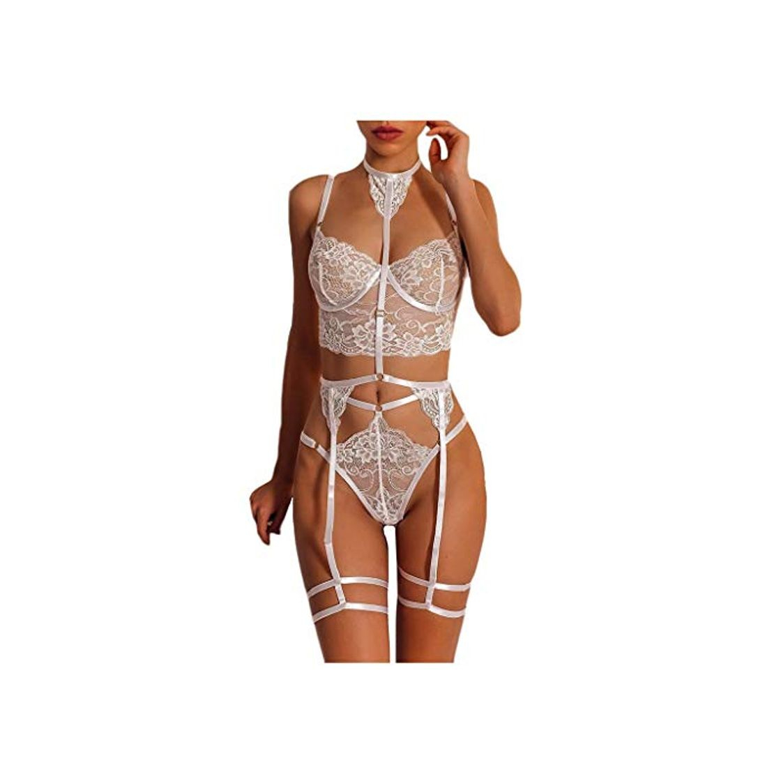 Social ohyeahlady Mujer Sexy Conjunto de Lencería de Encaje Corsé Translúcido con Liguero y Tanga Talla Grande