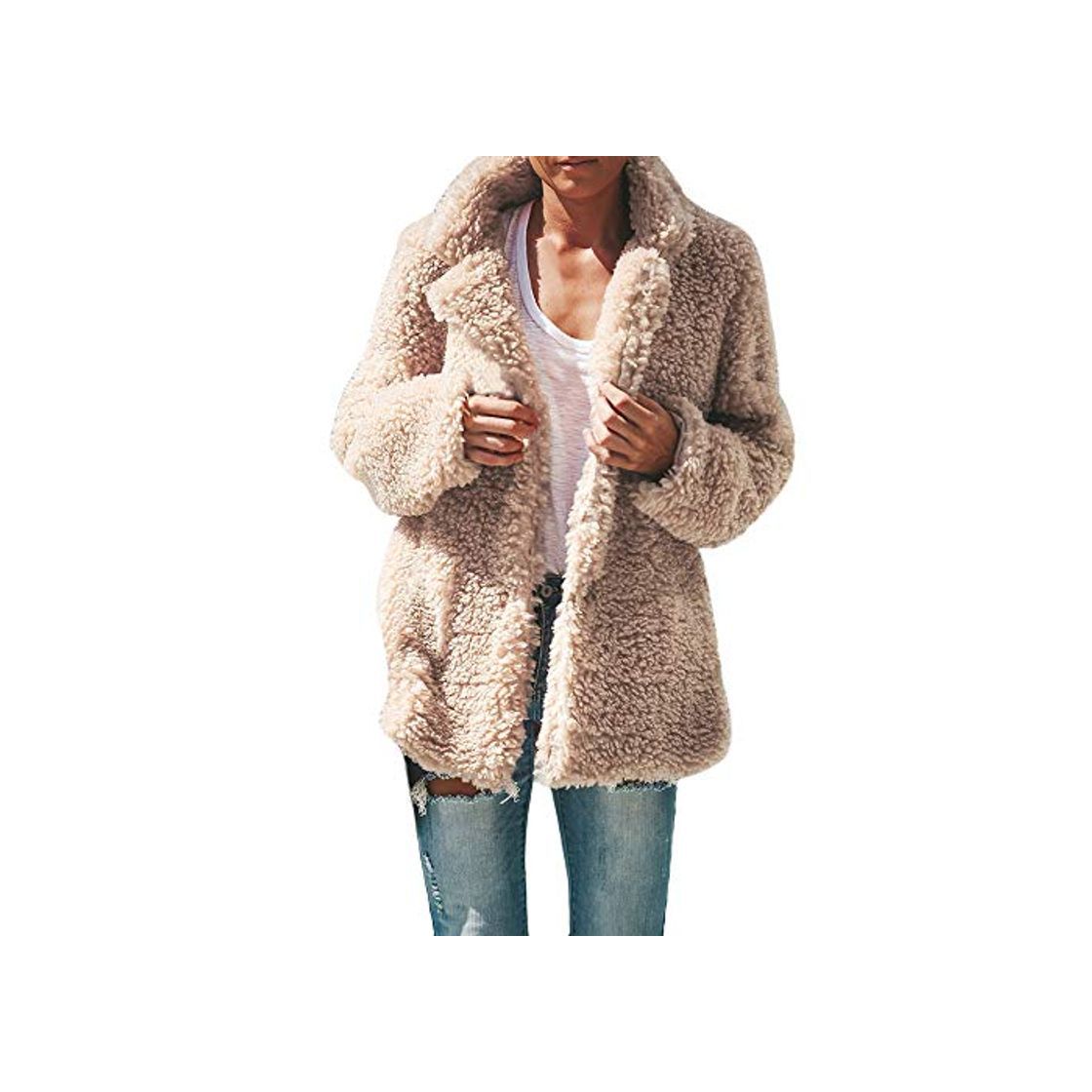 Moda JiaMeng Mujer Sólidos Manga Larga Suéteres de Felpa Suave Jerséis Calientes Casual Pocket Plush Faux Fur Outwear Cardigan Coat Color Sólido Abrigo Largo Chaqueta Calidez