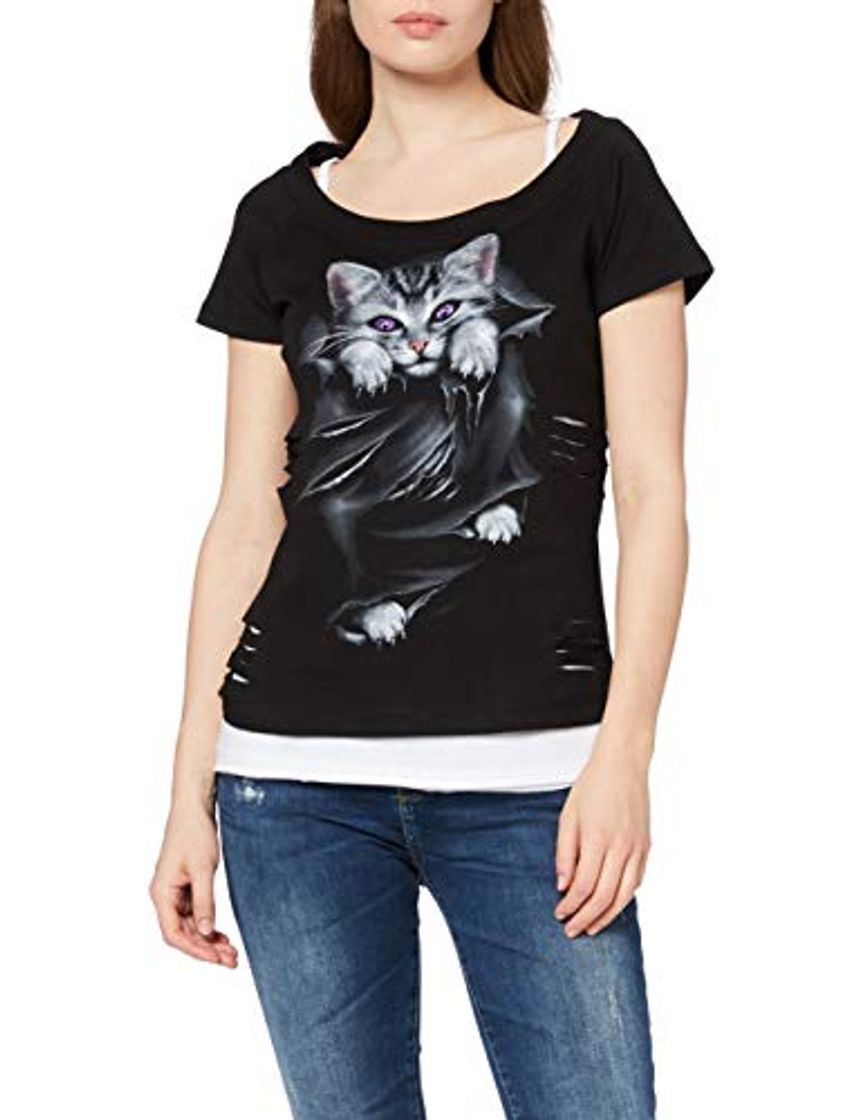 Products Spiral Direct Bright Eyes-2in1 White Ripped Top Black Camiseta, Negro