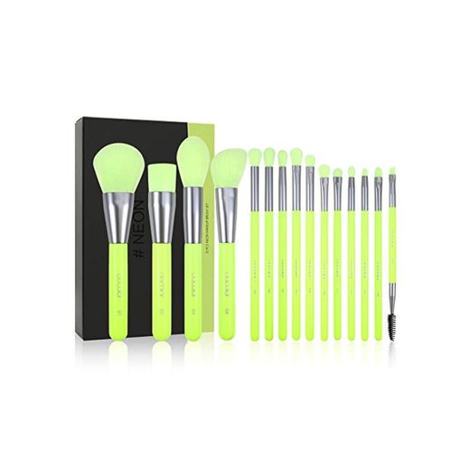 Docolor Makeup Brushes Set Neon Green 15Pcs Premium Premium Synthetic Kabuki Foundation