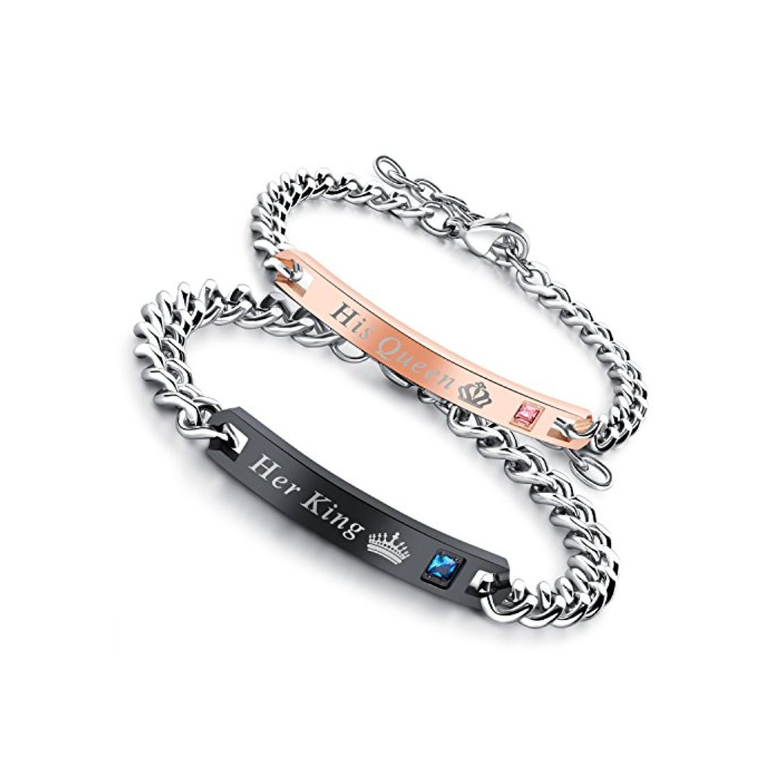 Social Flongo Pulseras para Parejas, His Queen y Her King, Acero Inoxidable Pulseras de Amor, Color Negro Oro Rosa, Los Enamorados Regalo para San Valentín/ Navidad