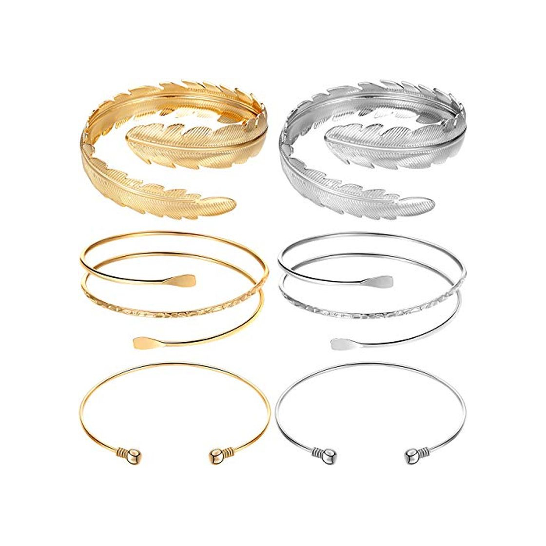 Social Conjunto de brazalete de brazo de 6 piezas Conjunto de brazalete de brazo superior ajustable Brazaletes de brazo minimalista Brazalete de brazo espiral de metal punk Remolino Faux Leaf Brazalete de br