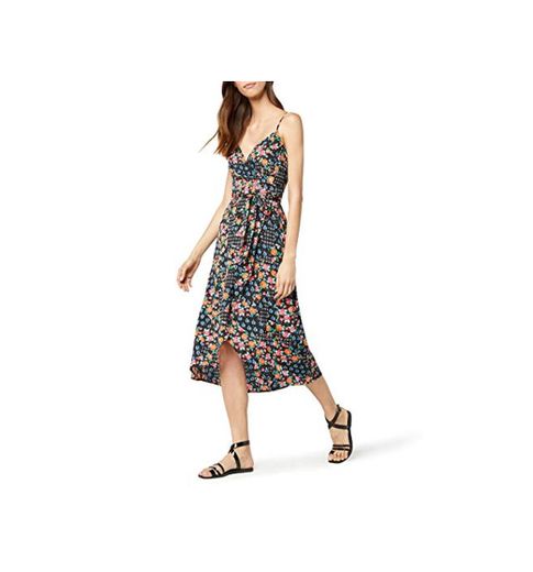 Marca Amazon - find. Vestido Midi Cruzado Mujer, Negro