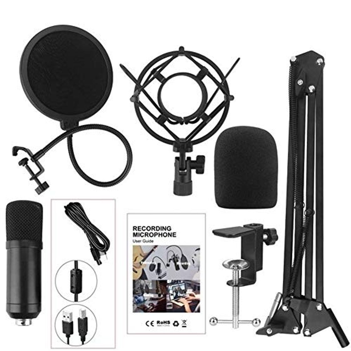 Producto Podcast Micrófono condensador cardioide profesional PC Streaming Kit de micrófono USB con el brazo del auge montaje de choque del estallido de filtro y el parabrisas for la Difusión Micrófono de Conde