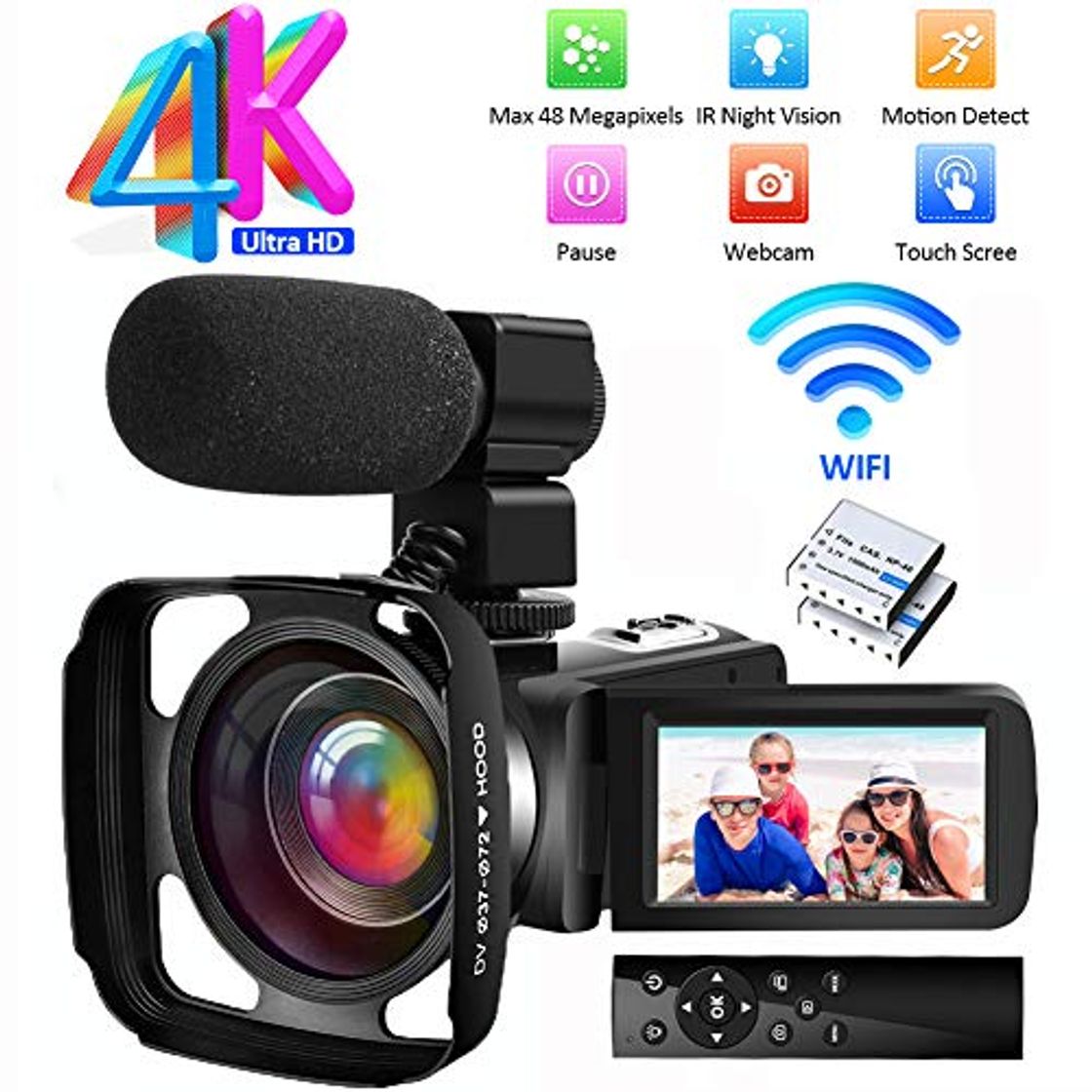 Social Videocamara Camara Video 4K Ultra HD Videocámara Full HD WiF Videocamara de Visión Nocturna Cámara de Video con Micrófono Externo y Parasol